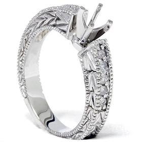 .25CT 14k White Gold Vintage Like Hand Engraved Round Diamond Engagement Semi Mount Ring Setting Mounting color (G/H) clarity (I1)