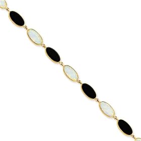 14k Gold 8.5in Polished Genuine Fancy Onyx and Created Opal Bracelet by