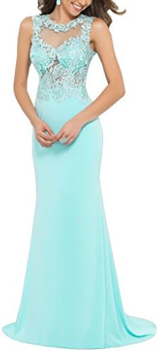 Harshori Womens Sheer Illusion Beaded Lace Open Back Prom Dress 6 Blue