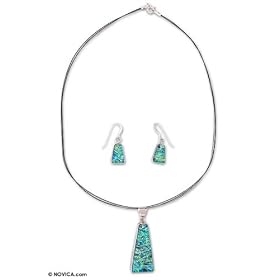 Dichroic art glass jewelry set, 'Turquoise Pyramid' 16.5" L