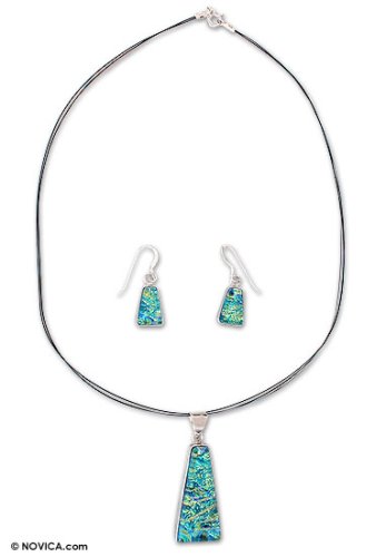 Childrens Toyshop  Jewelry : Dichroic art glass jewelry set, 'Turquoise Pyramid' 16.5" L