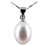 AugustinaJewelry Freshwater Cultured Oval Shape 8-9mm White Pearl Pendant, 16" Sterling Silver 1MM Cable Chain