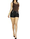 Women's Fashion Sexy Stretchy Sailor Silver Buttons High Waist Casual Shorts Pant (LARGE, BLACK-4341)