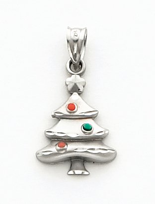 Red/Green Enameled Christmas Tree Charm, 14K White Gold
