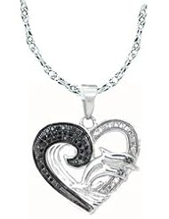 Sterling Silver Black Colored & Natural White Diamond Womens Ladies Heart Double Dolphin Fashion Pendant with 18" Chain - .15 (1/7) Ct.t.w.