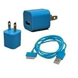 Blue Color USB Power Adapter Charger + 6ft Blue USB SYNC Cord Cable for Apple iPhone 4G 4S iPod Nano iPod Touch