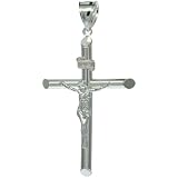 Sterling Silver Crucifix Pendant ( Jesus Christ on Tubular Cross ), 2 1/8 in. (54mm) tall, w/ 18 in. Thin Box Chain
