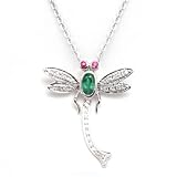 14k White Gold Ruby Emerald and Diamond Dragonfly Pendant with Chain