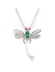 14k White Gold Ruby Emerald and Diamond Dragonfly Pendant with Chain