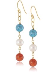 8-8.5mm White Freshwater Cultured Pearl, Stabilized Turquoise and Sponge Coral Sterling Silver Gold Plated Dangling Tincup Earrings