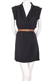 Xtaren Faux Wrap Deep V Neck Rolled Short Sleeve Metallic Button Detail Faux Leather Removable Belt Dress Black