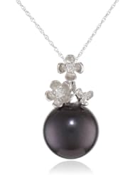 12 - 12.5mm Chocolate Freshwater Cultured Pearl and (0.05 cttw, G-H Color, I1-I2 Clarity) Diamond Pendant Necklace, 17"