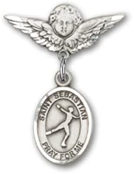 Sterling Silver Baby Badge with St. Sebastian/Figure Skating Charm and Angel with Wings Badge Pin