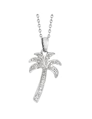 18" 1.1mm (0.04") Rhodium Plated Polished Cable Chain w/ .06ctw Diamond Palm Tree Pendant 925 Sterling Silver