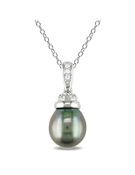 Sterling Silver 9.0-9.5mm Tahitian Cultured Pearl and Diamond Pendant Necklace, (0.05 cttw, G-H Color, I2-I3 Clarity), 18"