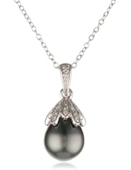 Sterling Silver 9.0-9.5mm Tahitian Cultured Pearl and Diamond Pendant Necklace, (0.05 cttw, G-H Color, I2-I3 Clarity), 18"