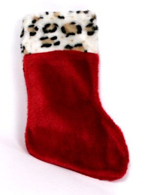 Red Plush Christmas Stocking with Animal Print Trim - Brown/Black Leopard Spots on White Faux Fur