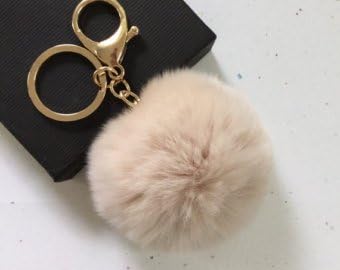 18 K Gold Plated Keychain with Plush Cute Genuine Rabbit Fur Key Chain for Car Key Ring (Cream Colored)