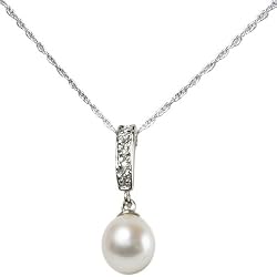 Sterling Silver CZ Freshwater Pearl Drop Necklace - 16 Inches