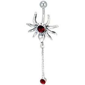 Pugster Red Crystal Spider With Dangling Web Dangle Belly Ring by Dangling Steel Belly Rings