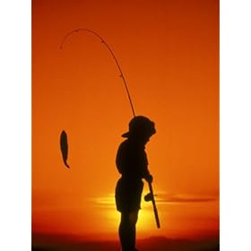 Silhouette of Boy Fishing at Sunset Photographic Poster Print