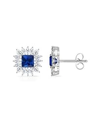 Square Sapphire and Diamond Floral Border Earrings in White Gold