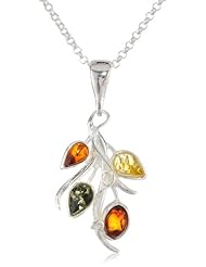 Sterling Silver Multi-Color Amber Floral Pendant Necklace , 18"