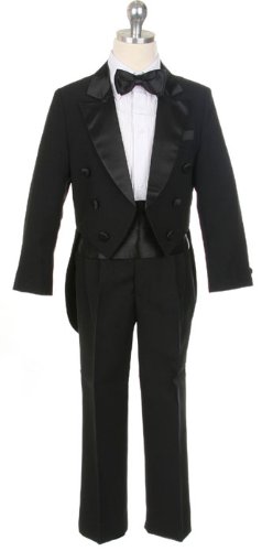 New 5 pc Tuxedo With Tails ~ Ring Bearer ~ Infant to Boys Sz 20 (Choice of Black, Ivory or White)