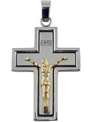 Stainless Steel & Yellow Gold Crucifix Cross Pendant with Enamel