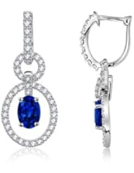 1.65 ct Diamond and Oval Sapphire Hoop Earrings 6X4 mm in Yellow Gold