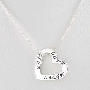 Double Sided Heart Shaped LIVE LOVE LAUGH Affirmation Pendant in Sterling Silver on 16" Snake Chain, #9866