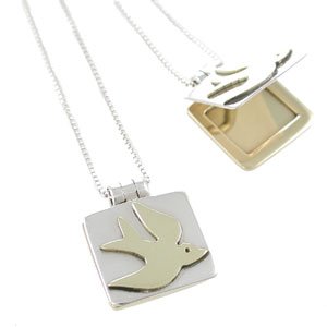 Peace Dove Locket Pendant in Sterling Silver and Brass on an 18" Box Chain, #7904