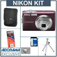 Nikon Coolpix S4000 Digital Camera Kit, - Plum- with 8GB SD Memory Card, Camera Case, Table Top Tripod, Spare Rechargeable Li-ion Battery EN-EL10, 2 Year Extended Service Coverage