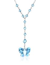 Swarovski Elements Faceted Blue Crystal Bicone Beads and Butterfly Accent Sterling Silver Clasp Y-Shaped Chain Necklace, 24"