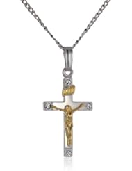 Sterling Silver "Two-Tone" Crucifix Cross Pendant Necklace with Crystal, 18"