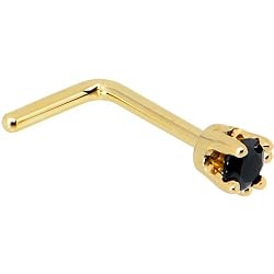 Solid 14KT Yellow Gold 2mm Black Cubic Zirconia L-Shaped Nose Ring - 20 Gauge