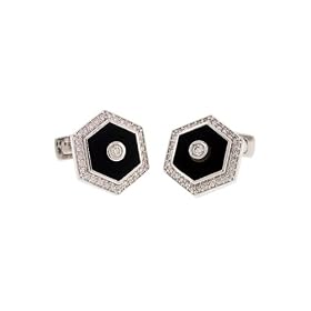 14K Solid White Gold and Diamond Hexagon Onyx Cufflinks by 