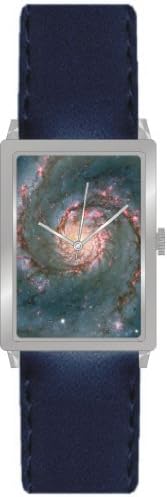 "Whirlpool Galaxy M51" Is the Hubble Image on the Dial of the Polished Chrome Rectangle Watch with a Navy Blue Leather Strap