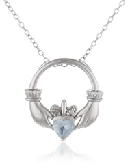 Sterling Silver Diamond Accent and Lab Created Aquamarine Claddagh Pendant Necklace, 18"