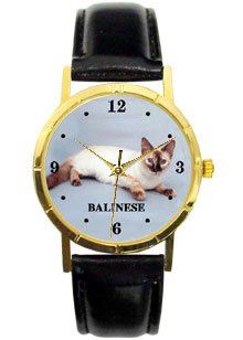 Balanese - Cat watch ladies size 1 inch Has gold tone case with black leather band. Battery operated.