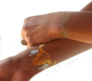 Temporary Tattoos For Women - Gold and Silver Metallic Jewelry Temporary Body Art Glitter Tattoo - Fake Flash Temp Stick On Tattoos for Adults - Lasts Up To 5 Days - Looks Great on The Beach or At The Club