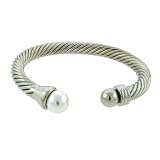 Silver Tone and Faux Pearl Designer Inspired Cable Bangle