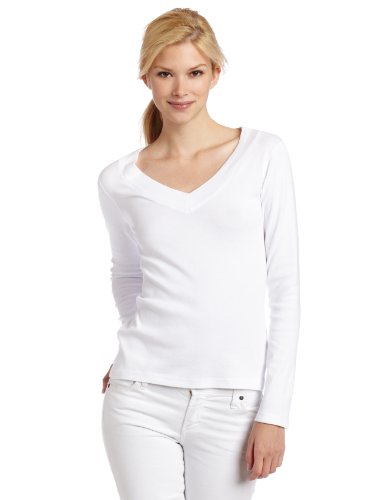 Red Dot Women's Long Sleeve Wide V-Neck Top, White, Small