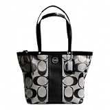 Coach Signature SP Stripe Patent Leather Tote Bag Silver Black thumbnail