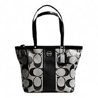 Coach Signature SP Stripe Patent Leather Tote Bag Silver Black