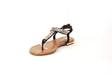 Bamboo Bryson-02 Black Rhinestone Chain Ornament T-Strap Thong Sandal w/ Ankle Strap