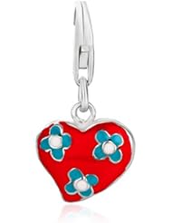 Sterling Silver Heart with Flower Detailing Charm in Red Enamel Finishing