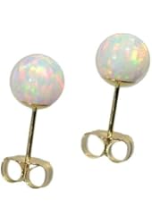 14k Yellow Gold Created Fire Opal White Round Stud Earrings