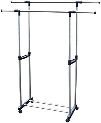 FreeDancer Stainless Steel Double Rails Garment Rack with Adjustable Telescoping Horizontal Bars Laundry Stand