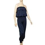 Uxcell Ladies Smocking Bottom Leg Cuff Dark Blue Tube Jumpsuit L